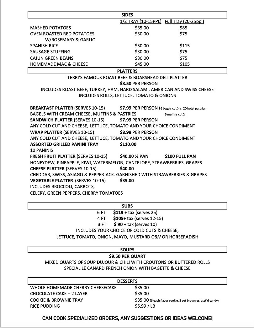 Catering Menu Terri's Deli Kingston, New York